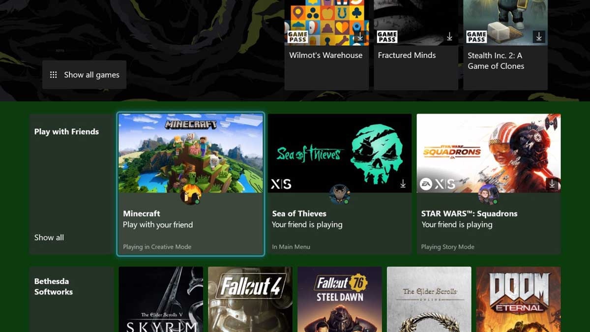 Microsoft Xbox Game Pass Play with Friends section on console